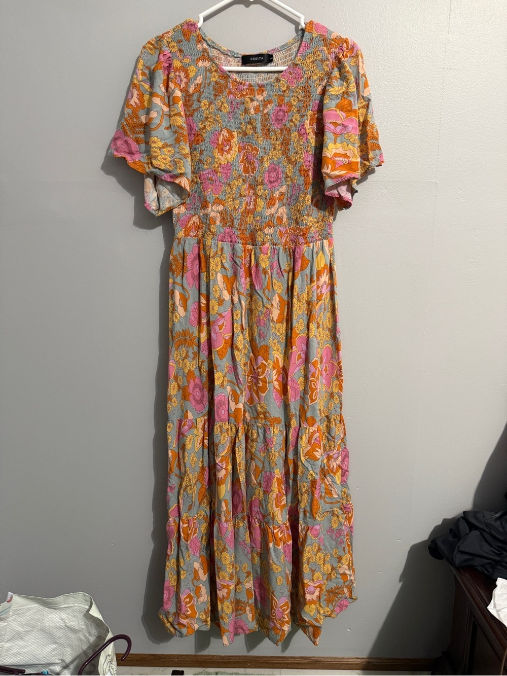 Zesica Dress Womens Large 70s Retro Colorful Floral Smocked Back Tiered Boho